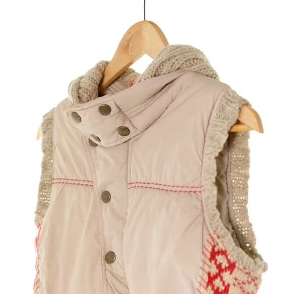 Free People Contrasting Fair Isle Knit Hooded Tan Red Puffer Vest Womens S Cozy - Picture 3 of 4